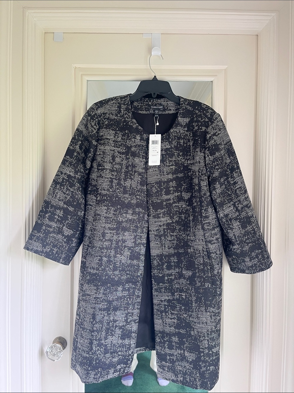 Eileen Fisher Black and Gray Patterned Collarless Trench Coat